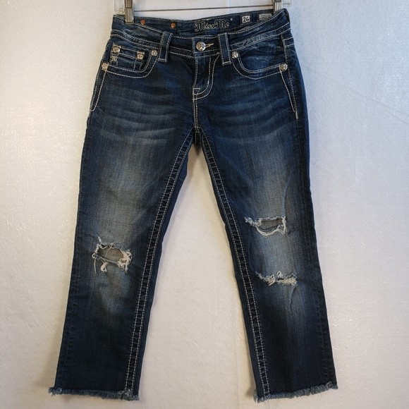 Miss Me Denim - Miss Me Signature Cuffed Capri Jeans Sz 26 Distressed Blue Stitched Flap Pocket